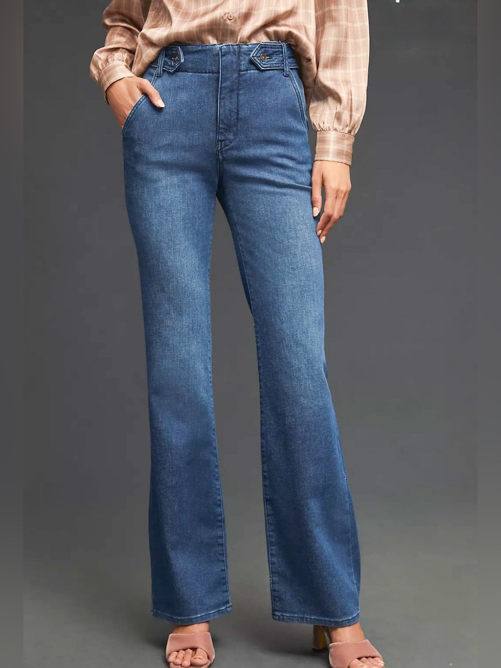Pilcro Polished High Rise Flare Leg Jeans Dark Wash Hemp Blend Long Leg Sz 27